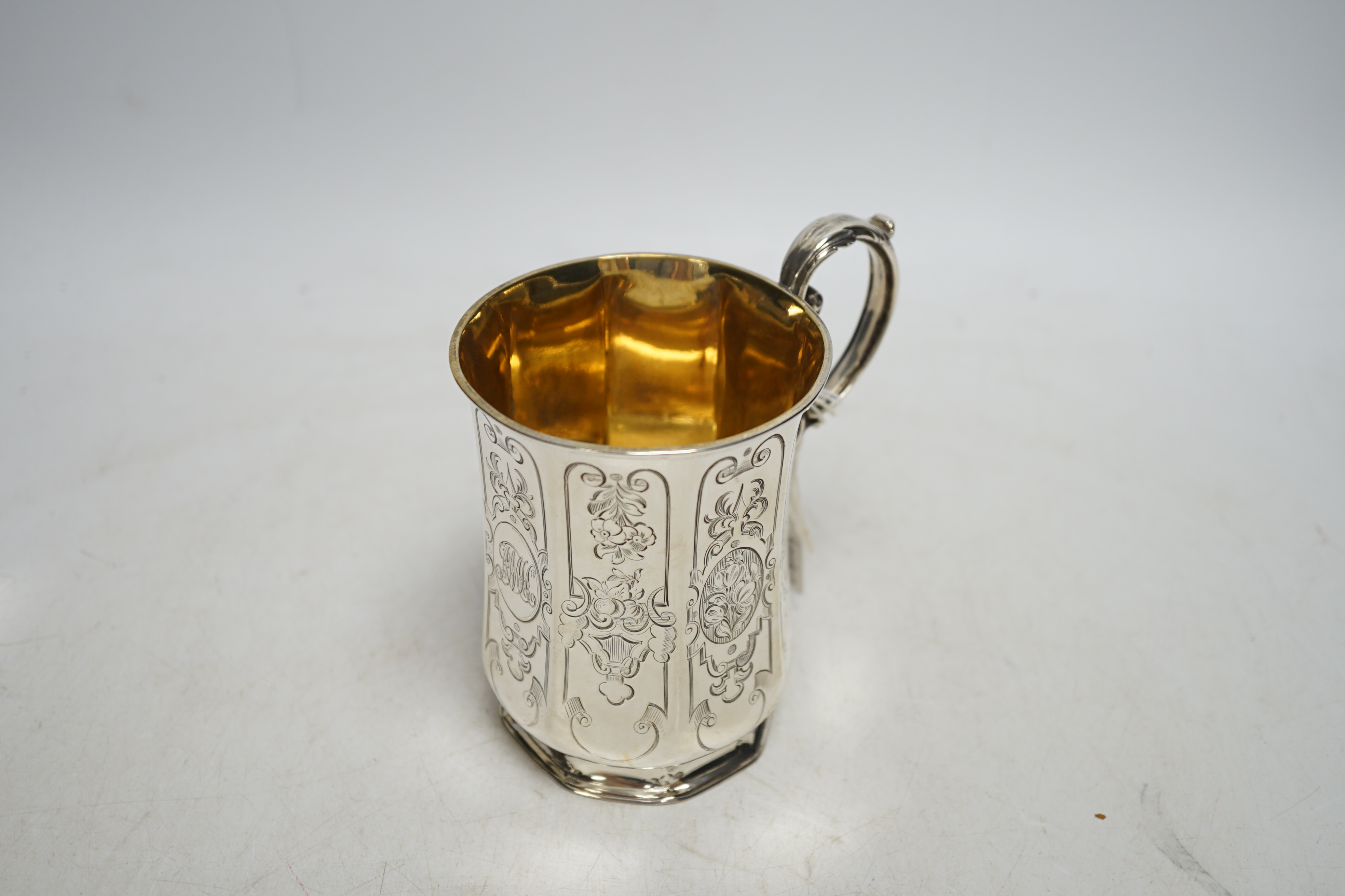 A Victorian engraved silver christening mug, John Evans II, London, 1852, 11.3cm, 187 grams. Condition - fair